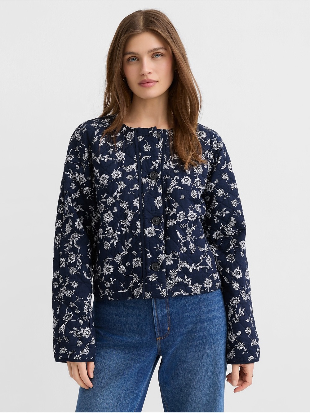 LOFT Navy Floral Quilted Button-Front Jacket